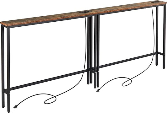 ELYKEN 2 Pack 5.9" Narrow Console Sofa Table with Power Outlets, 5.9" D x 39.4" W x 31.1" H Long Couch Table with Metal Frame and Charge Station with 6.5’ Extension Cord, Rustic Brown-Ruum Studio Home