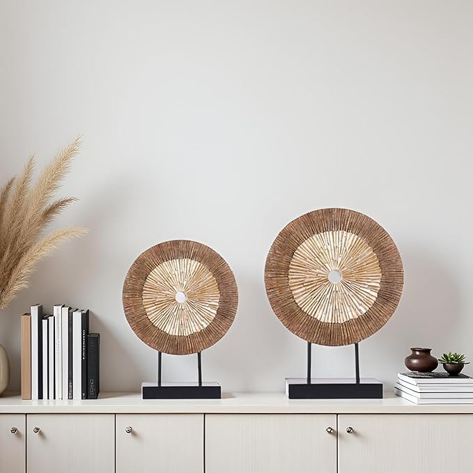 XMGZQ Wood Color Minimalist Round Statue Above Cabinet Decor Kitchen,Modern Decorative Sculpture Home Decorations for Living Room Coffee Table,Shelf Decor Items,Center Pieces Decoration for Table-Ruum Studio Home