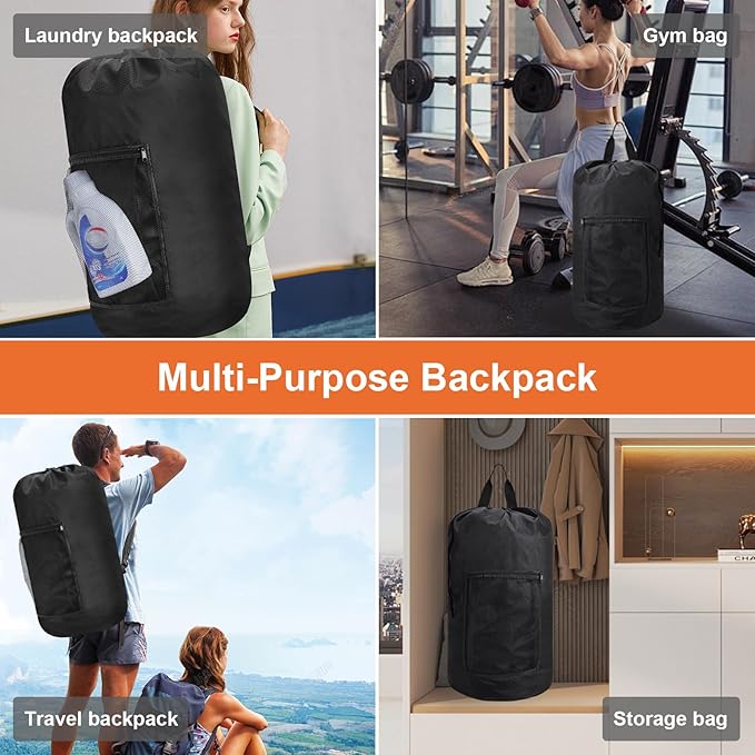 Femuar Laundry Bag Backpack Durable Laundry Bag with Shoulder Straps and Mesh Pockets Portable Laundry Dirty Clothes Hamper Bag for College Dorm (Black)-Ruum Studio Home