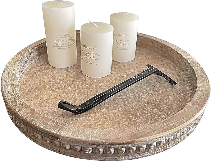 Round Wood Decorative Tray - Brown Washed Bead Tray for Coffee Table Wood Serving Tray Wooden Trays Decor Kitchen Counter Circle Tray Vintage Centerpiece for Living Room Candle Holder (15.75 inch)-Ruum Studio Home