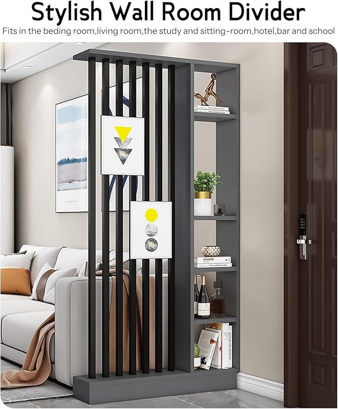 Wall Room Divider, Storage Cabinet Storage Display with Shelves, Modern Freestanding Wood Room Divider Screen, Wall Privacy Screens for Home Decorative (Grey,43.3" L x 9.5" W x 79.5" H)-Ruum Studio Home