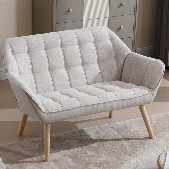 48" Small Loveseat Sofa, Modern Linen Fabric Mini Sofa Couch 2-Seater Love Seat with Quilting Backs and Wood Legs for Living Room, Bedroom and Small Space, Beige-Ruum Studio Home