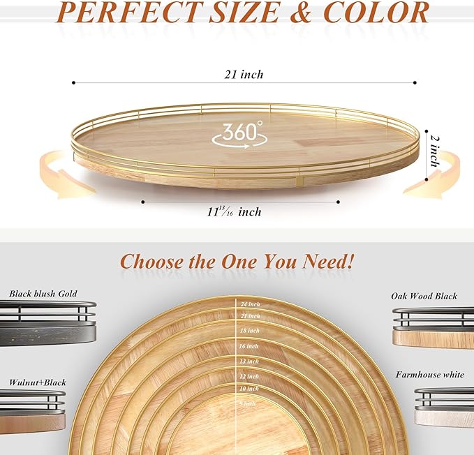 21-Inch Wooden Lazy Susan Turntable – Premium Oak & Iron, Extra Large Rotating Serving Tray for Dining Table, Kitchen Countertop, Farmhouse Décor, Spice Rack, Charcuterie & Entertaining-Ruum Studio Home