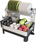BOOSINY Extra Large Stainless Steel Dish Drying Rack, 2 Tier Dish Racks for Kitchen Counter, Dish Drainer with Drainboard Set, Full Size Dish Dryer Rack with Utensil Holder, Black-Ruum Studio Home
