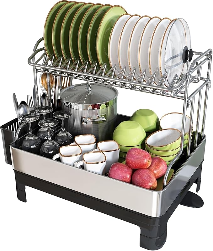 BOOSINY Extra Large Stainless Steel Dish Drying Rack, 2 Tier Dish Racks for Kitchen Counter, Dish Drainer with Drainboard Set, Full Size Dish Dryer Rack with Utensil Holder, Black-Ruum Studio Home