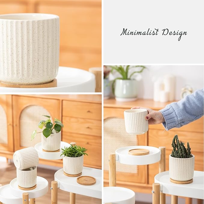 TAMAYKIM 4 Inch Ceramic Plant Pots with Drainage Holes, Modern Flower Planter with Saucer for Indoor Plants, Succulent, Cactus & Herbs, Beige, Set of 4 (Plants Not Included)-Ruum Studio Home