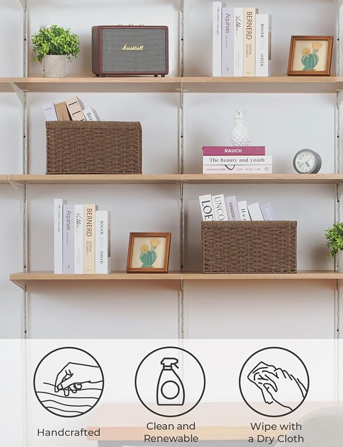 StorageWorks Round Paper Rope Storage Baskets, Rectangular Wicker Baskets with Built-in Handles, Medium, 2-Pack-Ruum Studio Home