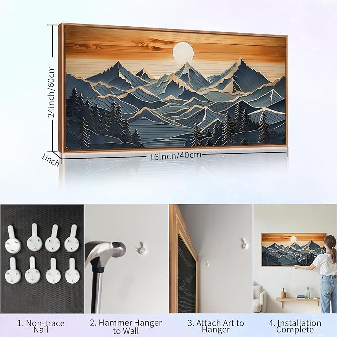 Tinonedraw Metal Mountain Framed Canvas Wall Art, Boho Mountains Forest Artworks, Mid Century Modern Blue Ridge Wall Decor, Vintage Nature Sunset Art Print for Living Room Bedroom Office 20"x40"-Ruum Studio Home