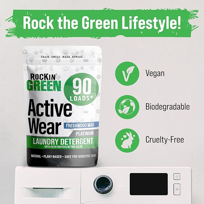 Rockin' Green Laundry Detergent, Plant based, All Natural Laundry Detergent Powder, Vegan and Biodegradable Odor Fighter, Safe for Sensitive Skin (Active Wear 90 Loads - Freshwood Mac)-Ruum Studio Home