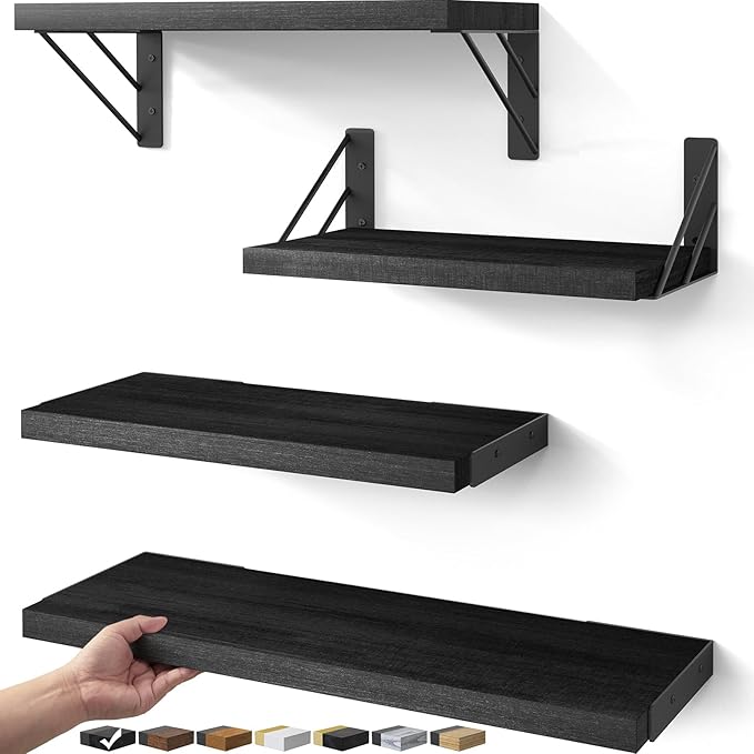 BAYKA Wall Shelves for Bedroom Decor, Floating Shelves for Wall Storage, Display Mounted Rustic Wood Shelf for Books,Plants,Corner Shelves for Bathroom,Kitchen,Living Room(Set of 4)-Ruum Studio Home