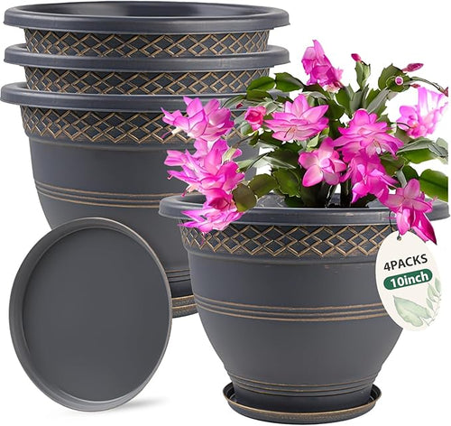 10 Inch 4 Pack Large Plant Pots, Plastic Flower Pot for Indoor & Outdoor with Drainage Holes & Saucer, Plaid Pattern Planters Garden Pots for Herbs-Ruum Studio Home