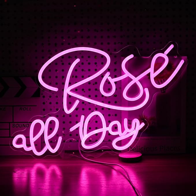 Rose All Day Neon Sign LED Pink Rose Neon Light For Wall Decor Dimmable USB Words Light Up Sign for Bedroom Wedding Party Atmosphere Decor Lovers Gift(12.2 * 16.1 In)-Ruum Studio Home
