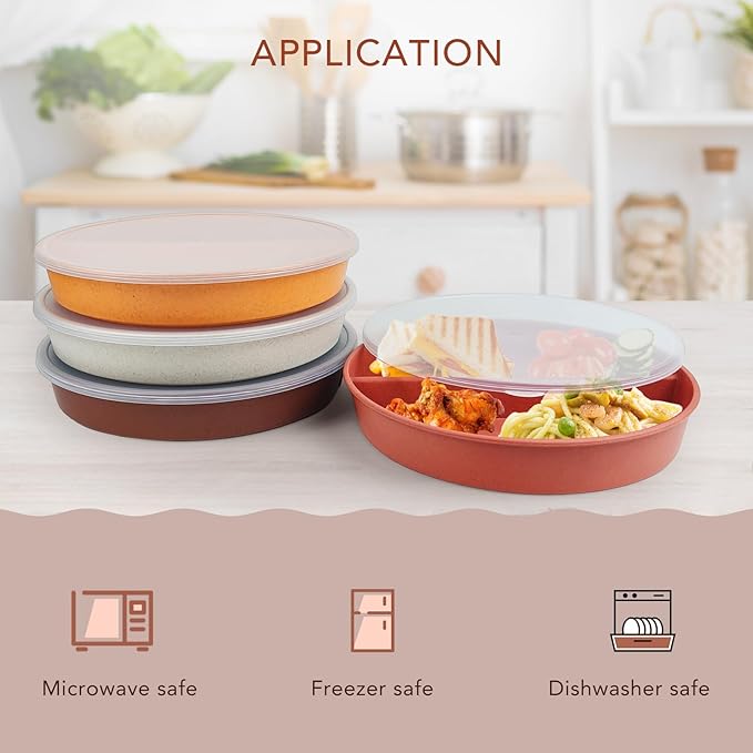 greenandlife 9 Inch 4PCS Portion Control Plates with Lids, Divided Plates for Kids Adults, Dishwasher Microwave Safe Compartment Plate Set, Unbreakable Lightweight Reusable Wheat Straw Plate, Sunset-Ruum Studio Home