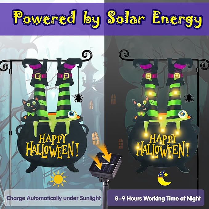 Halloween Lighted Garden Flag for Outside, Witch Feet Shape Flag Yard Decor, 8 Modes Double Sided Cauldron Eyeball Black Cat Outdoor Hlloween Decorations for Home Porch (Warm White-28x40)-Ruum Studio Home