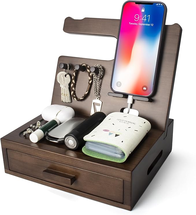 Solid Wood Nightstand Organizer, Docking Station, Gifts for Men, Made of Cedar, Versatile Bedside Table Organizer for Cellphone, Watch, Headphone, Keys, Dark Walnut-Ruum Studio Home