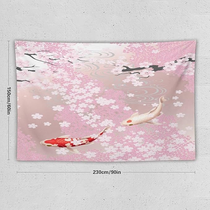 Houselerax Japanese Koi Fish Tapestry, Cherry Blossoms Asian Oriental Pink Flower Branch Koi Fish Carp Tapestries Wall Hanging for Bedroom Living Room Office Decor 90"x60"-Ruum Studio Home