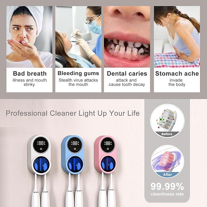 Toothbrush Holder and Cleaner for Bathroom Light Cleaning Fan Drying Round in Circle Automatic Rotating Cover Wall Mounted Smart Home Gadgets (02 Blue)-Ruum Studio Home