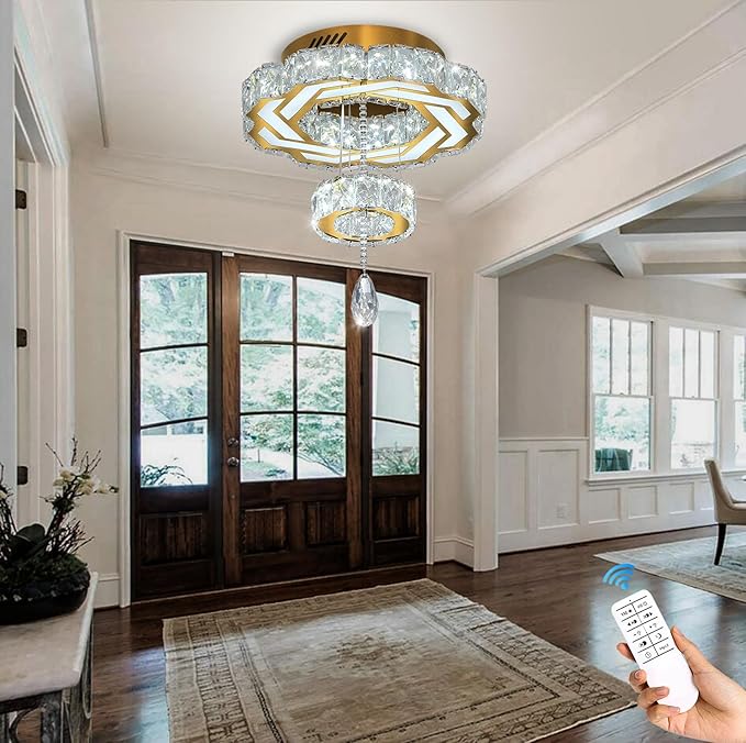 Flashing God Small Crystal Chandeliers Dia 12" Gold Chandelier Flush Mount Ceiling Light for Bedroom Living Room Dining Room Hallway Dimmable 3 Rings LED Celing Lighting Fixtures-Ruum Studio Home