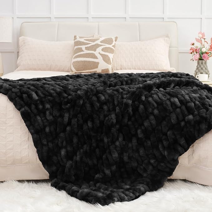 Ultra Soft Luxury Faux Fur Twin Blanket for Counch,Fuzzy Fluffy Plush Warm Cozy Elegant Wrinkled Blanket for Sofa Bedroom Living Room,（60"x80",Tie-dye Black）-Ruum Studio Home