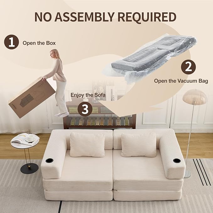 78" W Loveseat Sofa, 4 in 1 Convertible Floor Sofa Bed, Boneless Cloud Couch with Cup Holder, Fold Out Floor Couch, Loveseat Recliner Sleeper for Living Room Bedroom Lounge(Corduroy, White)-Ruum Studio Home