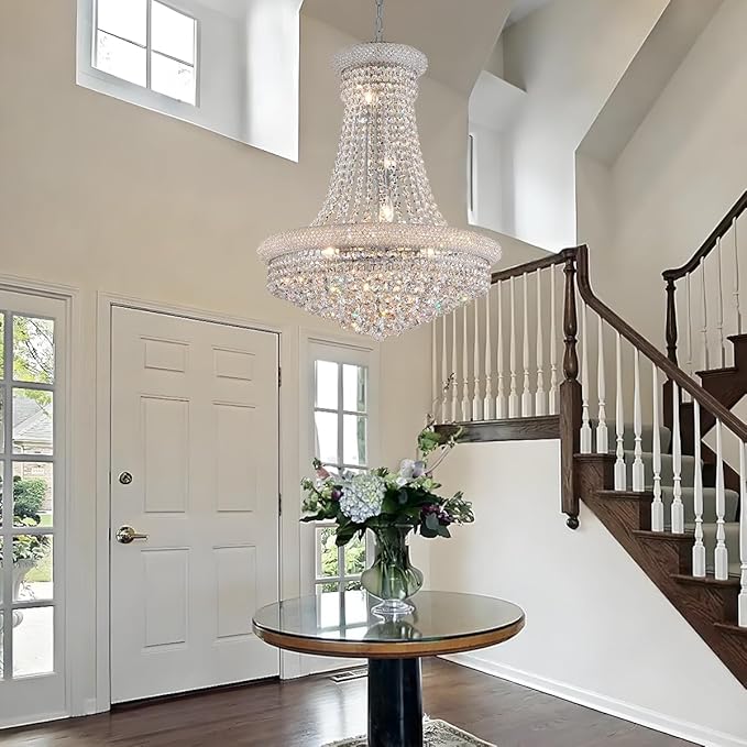 Modern Crystal Chandeliers Foryer Chandelier for High Ceilings, 11-Lights Silver Empire Crystal Chandeliers for Living Dining Room Entryway Hallway(D23.6)-Ruum Studio Home