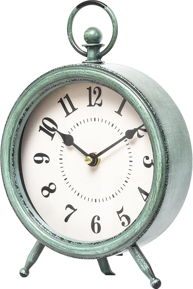 Vintage Rustic Green Table Clock on Stand, Decorative Desk and Shelf Clock，Decorative Battery Operated Table Top Clock for Living Room，Silent Non-Ticking-Ruum Studio Home