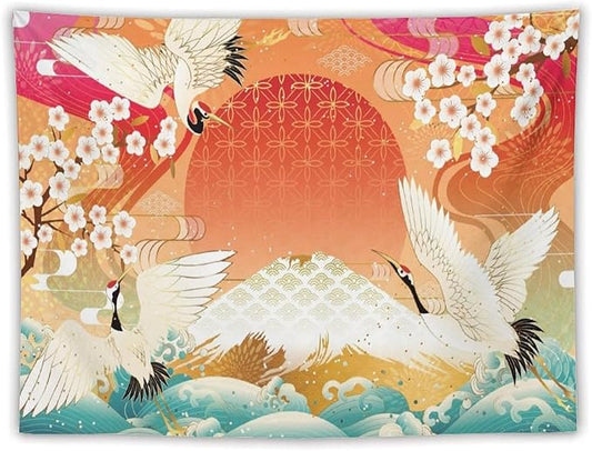 HZOHNAGO Japanese Tapestry Cherry Blossom Crane Sea Wave Fuji Mountain Red Sun Pattern Printed Wall Tapestry Painting Wall Hanging for Bedroom Living Room Dorm 80" W x 60" H-Ruum Studio Home