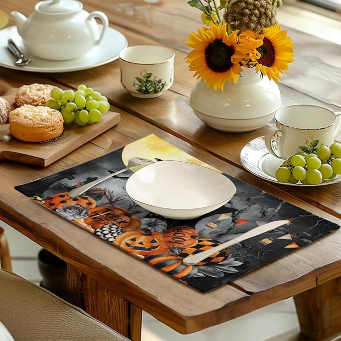 Black Cat Halloween Placemats Set of 4 Spooky Pumpkin Boo Bat Moon Horror Place Mats 12x18 Inch Seasonal Washable Linen Table Mat for Party Kitchen Dining Outdoor Indoor Decor-Ruum Studio Home