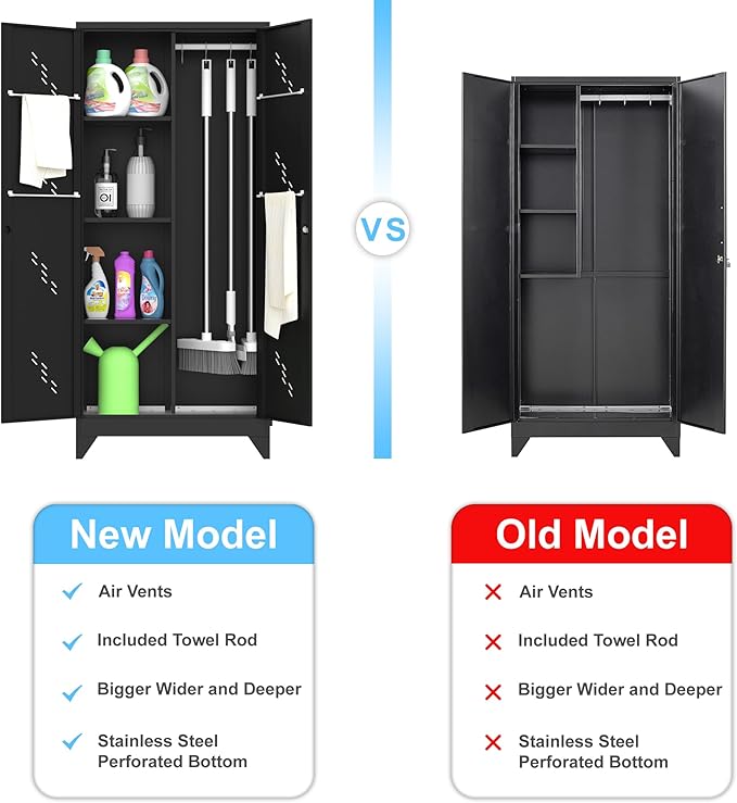 71'' Metal Storage Cabinet with Doors, Multifunctional Bathroom/Garage Lockable Steel Cabinet, Broom Closet Storage with Hanging Rod (Style-1)-Ruum Studio Home