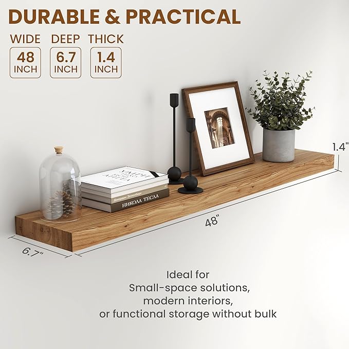 Fun Memories Rustic Elm Wood Floating Shelves for Wall, 48" Floating Shelf Wall Mounted, Long Floating Disply Shelf with Heavy-Duty Bracket for Living Room, Kitchen, Bathroom, Natural Color, Set of 1-Ruum Studio Home