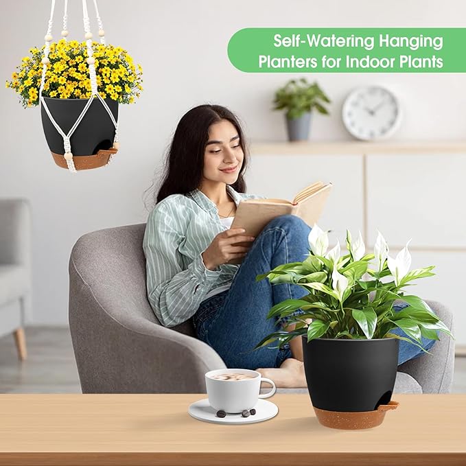 Hanging Planters for Indoor Outdoor Plants, 2 Pack Self Watering Hanging Pot with Drainage Holes, Removable Tray & 2 Kinds of Plant Hangers, 8'' Hanging Flower Pots for Home Garden Decor, Black-Ruum Studio Home