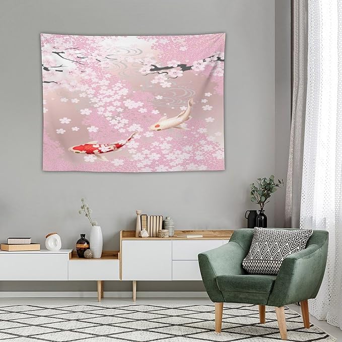Houselerax Japanese Koi Fish Tapestry, Cherry Blossoms Asian Oriental Pink Flower Branch Koi Fish Carp Tapestries Wall Hanging for Bedroom Living Room Office Decor 40"x30"-Ruum Studio Home