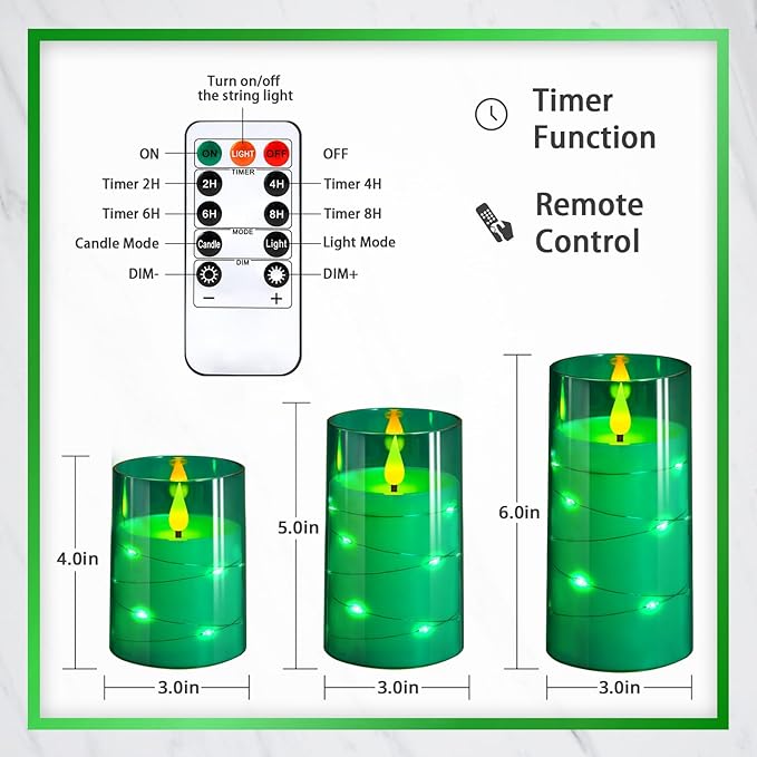 NURADA Flickering Flameless Candles: Built-in Star String Acrylic Battery Operated LED Pillar Candles with Remote and Timer for Home Party Weddings Christmas Halloween Decor -Green 3 Pack-Ruum Studio Home