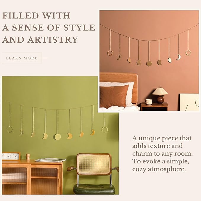 Mkono Moon Phase Wall Hanging Boho Aesthetic Room Decor Metal Moons Garland Hanging Art Bohemian Home Decoration for Girls Room Nursery Bedroom Livingroom Dorm, Ideal, Gold, 50"-Ruum Studio Home