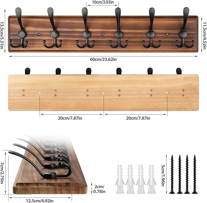Coat Rack Wall Mount, Wooden Heavy Duty Coat Rack for Wall,6 Triple Coat Hanger Hooks for Hanging Coats,Jacket,Hat,Clothes (Brown, 6 Hooks)-Ruum Studio Home