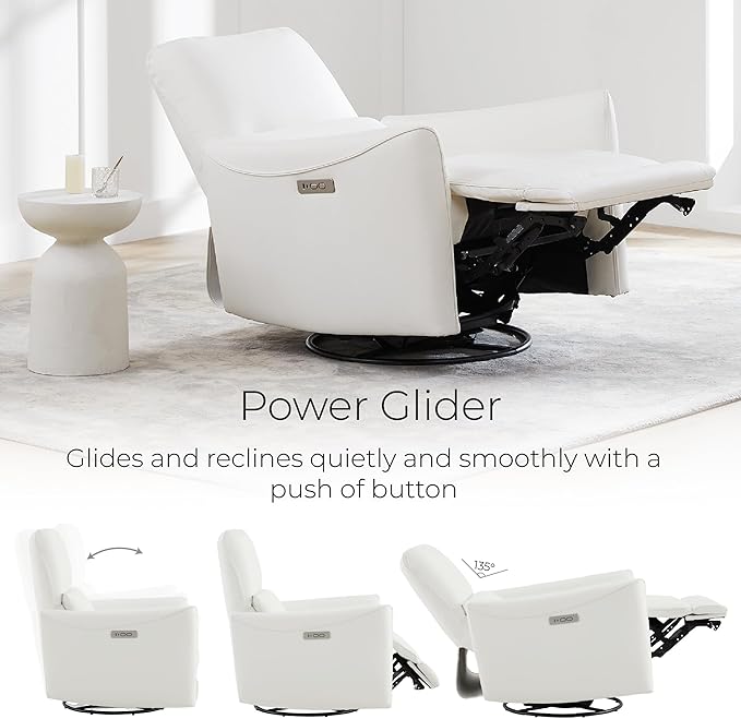 CHITA Power Recliner Chair Swivel Glider, FSC Certified Upholstered Faux Leather Living Room Nursery Reclining Sofa Chair with Lumbar Support, White-Ruum Studio Home