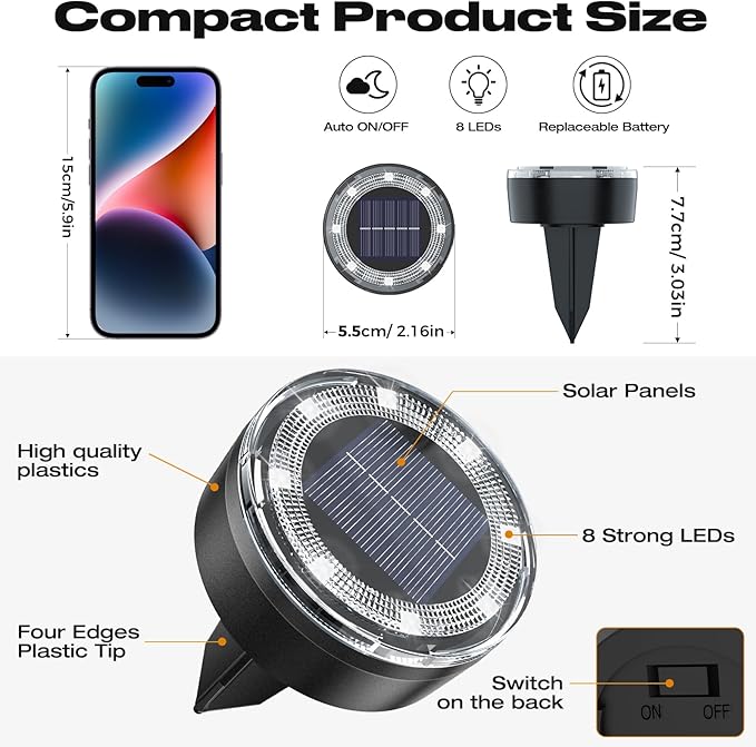 Mini Outdoor Solar Lights，4 Pqck Solar Garden Lights for Outside IP65 Waterproof, 8 LED Disc Landscape Lighting for Garden Yard Driveway Walkway Poolside Deck Lawn Patio,Cold White-Ruum Studio Home