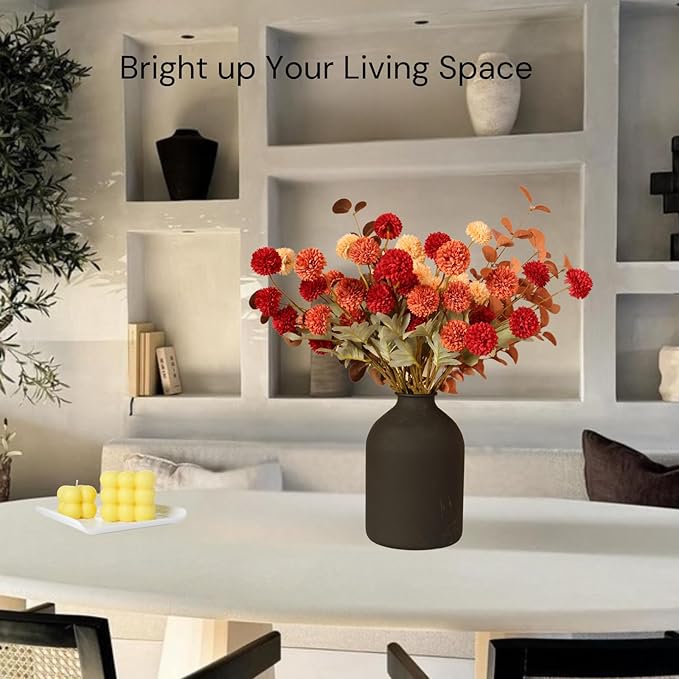 Fall Flowers, Burnt Orange Faux Kiku Flowers Artificial 10 Stems + Eucalyptus, Fake Silk Mums Fall Floral Centerpiece, Autumn Decor, Terracotta Mini Balls Faux Stems For Vase, Decoración de Otoño-Ruum Studio Home