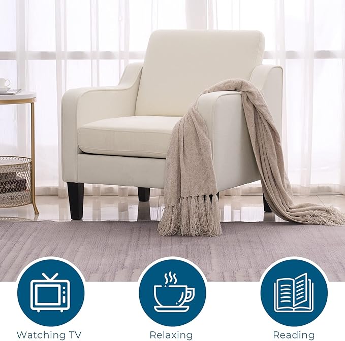 VINGLI Mid Century Modern Accent Chair, Beige Fabric Accent Chairs for Living Room Upholstered Armchair Sofa with Scooped Arms for Bedroom, Apartment, Studio, Office, Waiting Room-Ruum Studio Home