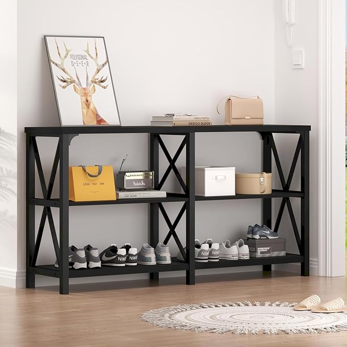 LVB Black Console Table, Modern Entryway Table with 3 Tier Storage Shelves, Industrial Sofa Table Behind Couch for Living Room, Farmhouse Wood Metal Entry Table for Hallway Foyer, Black Oak, 55 Inch-Ruum Studio Home