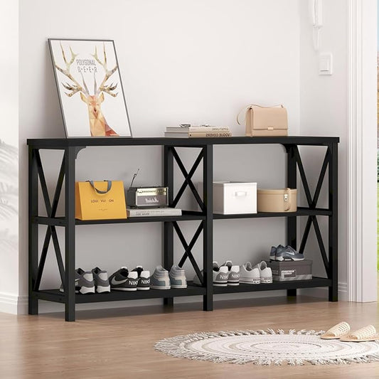 LVB Black Console Table, Modern Entryway Table with 3 Tier Storage Shelves, Industrial Sofa Table Behind Couch for Living Room, Farmhouse Wood Metal Entry Table for Hallway Foyer, Black Oak, 55 Inch-Ruum Studio Home