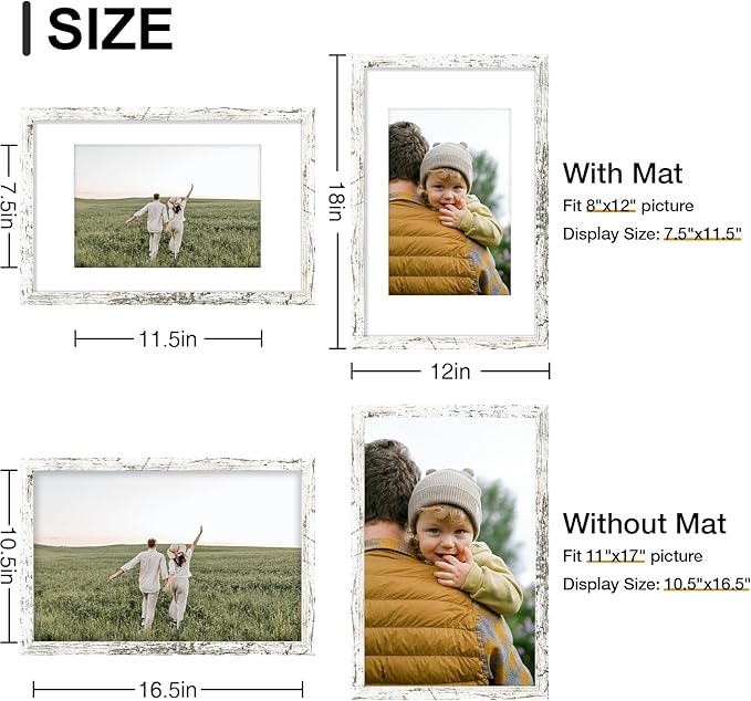 Vittanly 11x17 Picture Frames Set of 9, Shatter Resistant Plexiglass, Display 8x12 Pictures with Mat or 11x17 without Mat, Photo Frames for Wall Mount, Engineered Wood, Distressed White-Ruum Studio Home