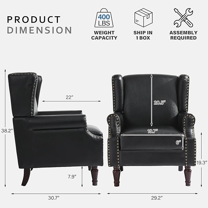 Accent Chair, Faux Leather High Back Armchair or Living Room, Comfy Upholstered Single Sofa Reading Chair with Solid Wood Legs for Office, Bedroom, Waiting Room-Black-Ruum Studio Home