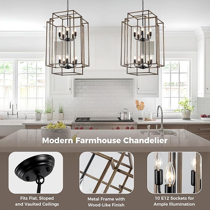 30" Black Farmhouse Chandelier, 10-Light Foyer Lighting Fixtures, Lantern Tiered Pendant Light Fixtures, Metal Wood Grain Finish Rustic High Ceiling Chandelier for Dining Room Entryway Staircase-Ruum Studio Home