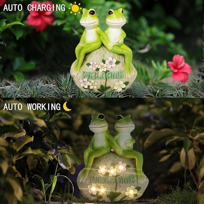 Solar Powered Frog Couple Statue with LED Lit Flowers Welcome Sign 7-Inch Tall Resin Garden Decor Romantic Ornament Gift for Porch Patio Housewarming Wedding Outdoor Decor-Ruum Studio Home