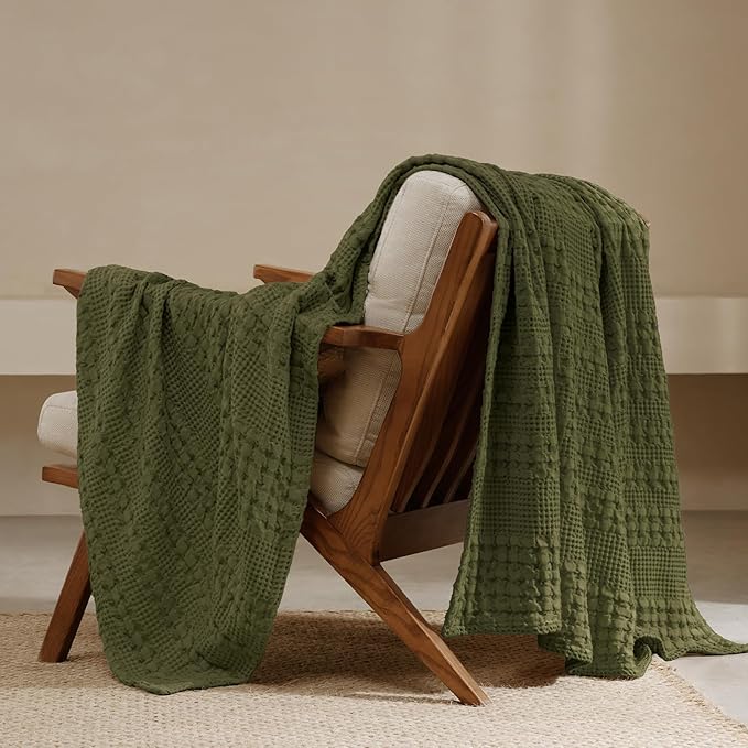 PHF 100% Cotton Waffle Weave Throw Blanket, Soft Lightweight Breathable Cozy Summer Throws for Couch Bed Sofa, Luxury Aesthetic Woven Blanket for Home Decor & Office, 50"x60", Capulet Olive-Ruum Studio Home