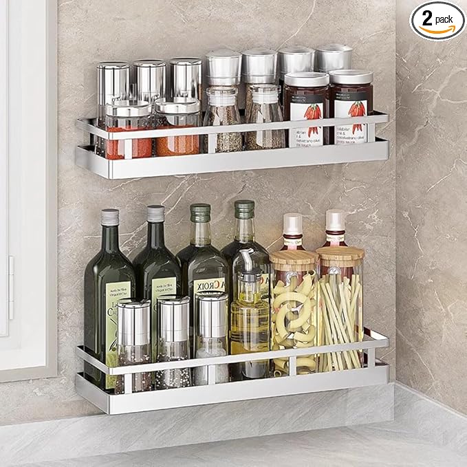 2PCS Kitchen Spice Rack, SUS304 Stainless steel Wall Mount Storage Rack, Seasoning Container, 15.7Inch Spice Organizer, Kitchen Seasoning Hanging Rack, Bathroom Shelf for Storing Toiletries-Ruum Studio Home