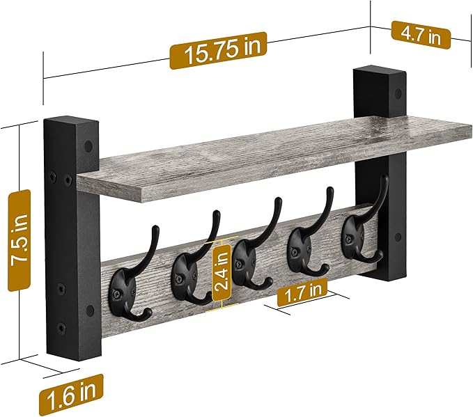 Sorbus Coat Hooks Wall Mount with Shelf – 16 Inch Coat Rack Wall Mount with 5 Heavy Duty Hooks – Floating Wall Shelf with Hooks for Entryway, Bathroom, Bedroom, Kitchen, or Mudroom (Gray)-Ruum Studio Home