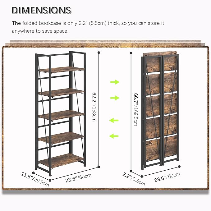 4NM No Assembly Foldable Bookshelf, 5-Shelf Collapsible Bookcase Storage for Small Spaces, 62.2" H, Rustic Brown and Black-Ruum Studio Home