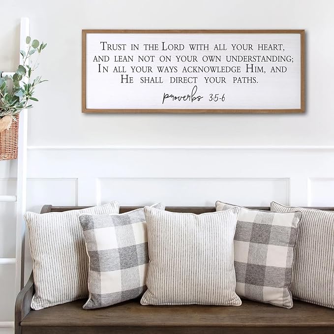 Trust in the Lord With All Thine Heart Wall Decor Art Bible Verse Sign Proverbs 3:5-6 Framed Wood 32X12 Inch For Scripture Christian Hanging (Wood)-Ruum Studio Home